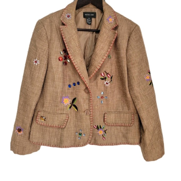 Focus 2000 Jackets & Blazers - VTG Y2K Tweed Blazer Focus 2000 Womens Sz Embroidered Gems Boho Western Fall